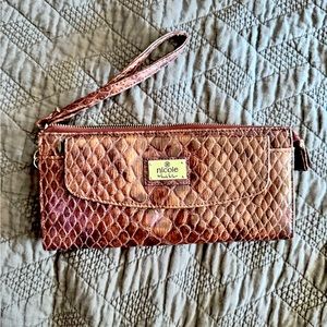 Nicole Miller Crocodile Wristlet. Brown.
